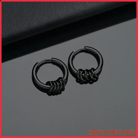 516L BLACK Stainless Steel Hypoallergenic Multi Rings Hoop 8MM Unisex NWT - Picture 2 of 4